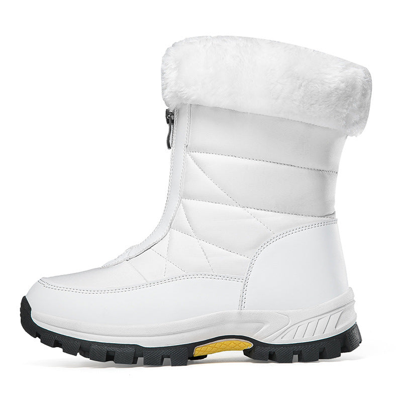 Women's white mid-calf snow boots, plush faux-fur collar and grippy rubber sole.