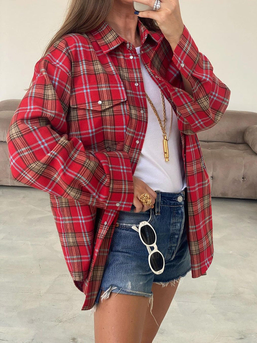 Red Plaid Flannel Shirt for Women — Oversized Button Front Layering Shirt