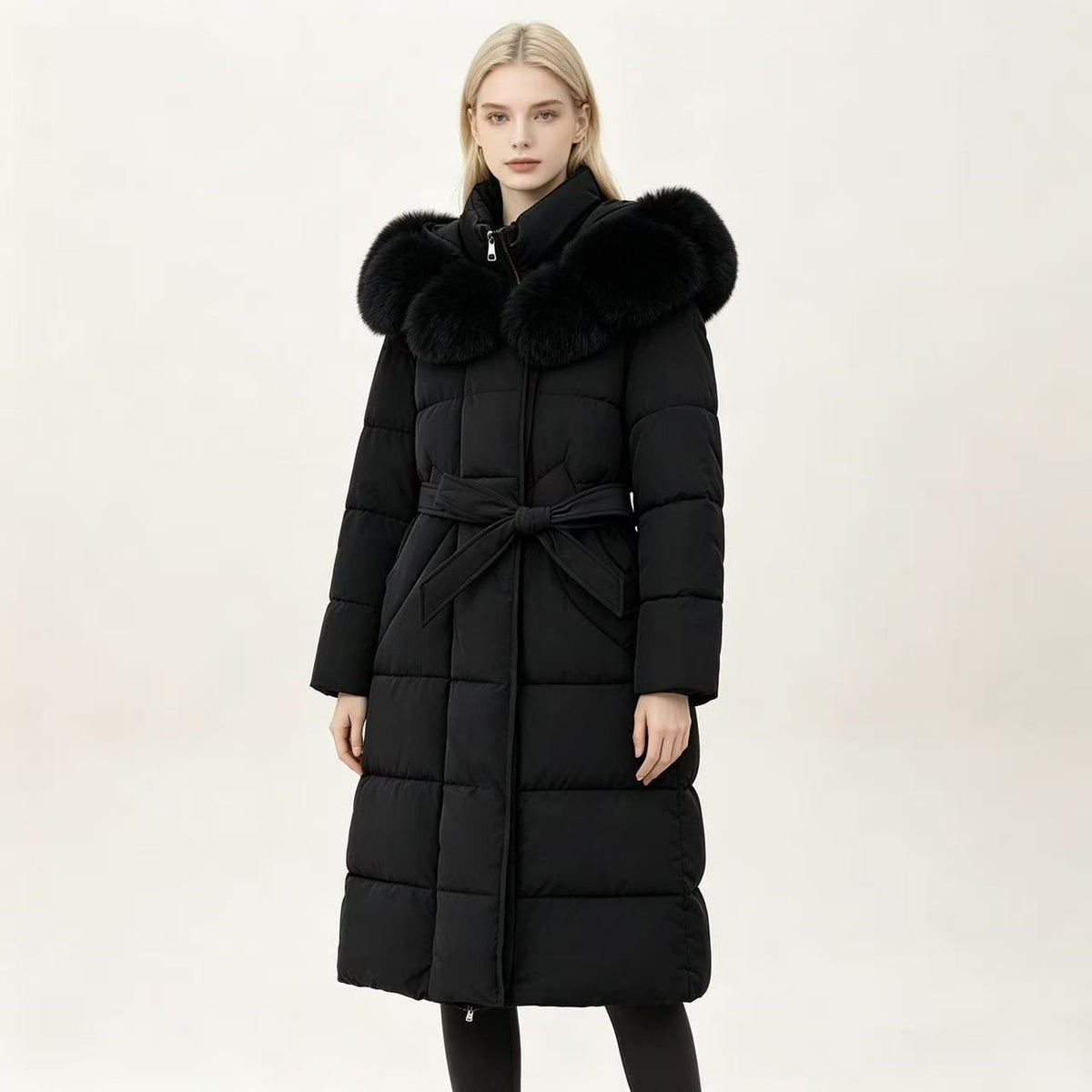 Women's hooded padded cotton coat, black with faux fur collar and tie belt