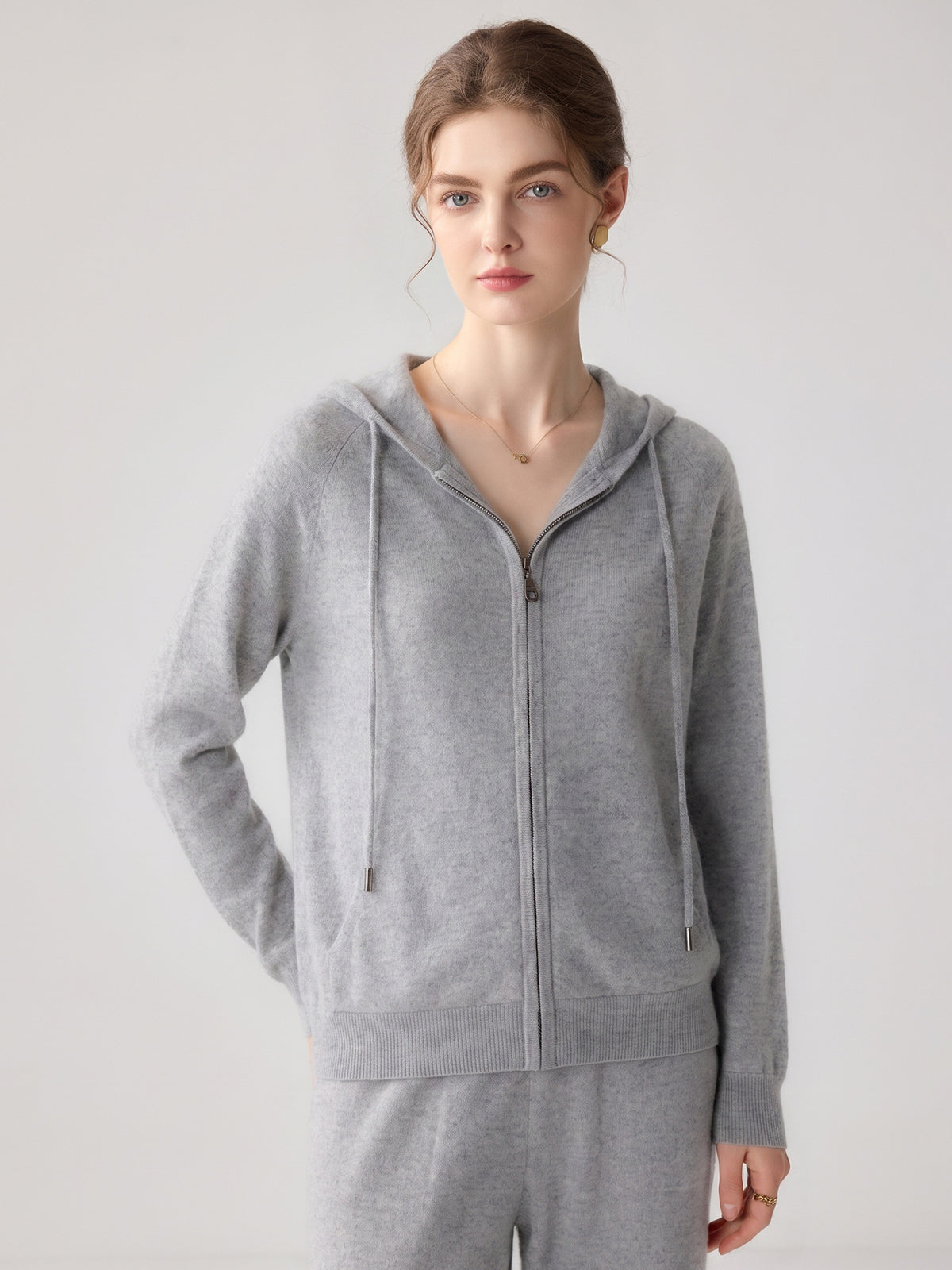 Light gray hooded zip-up cashmere cardigan for women, long sleeves, zip front