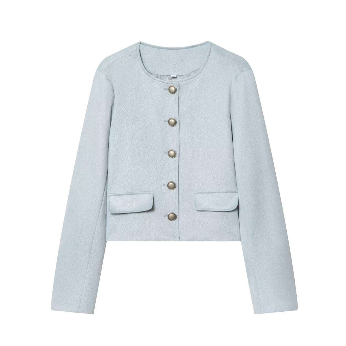 Light blue boiled wool jacket with collarless button front and two patch pockets
