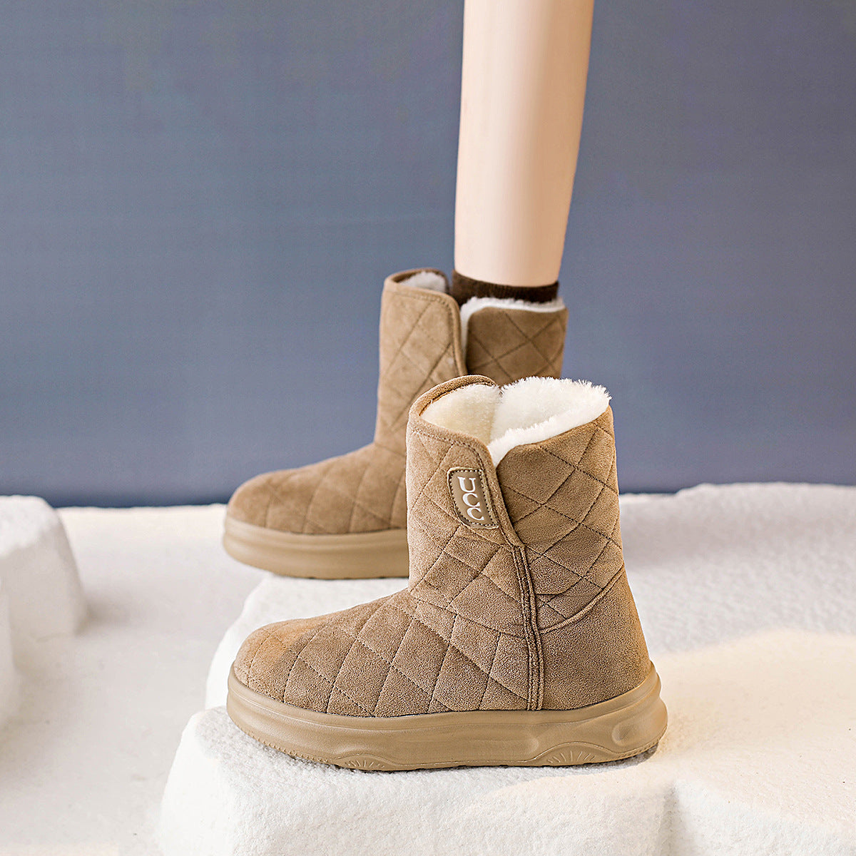 Women’s snow boots, tan suede ankle boot with quilt panels and fleece trim
