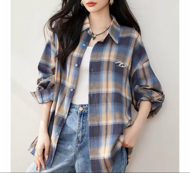 Oversized Plaid Shirt for Women — Button Front Layering Top with Chest Pocket in Brushed Cotton