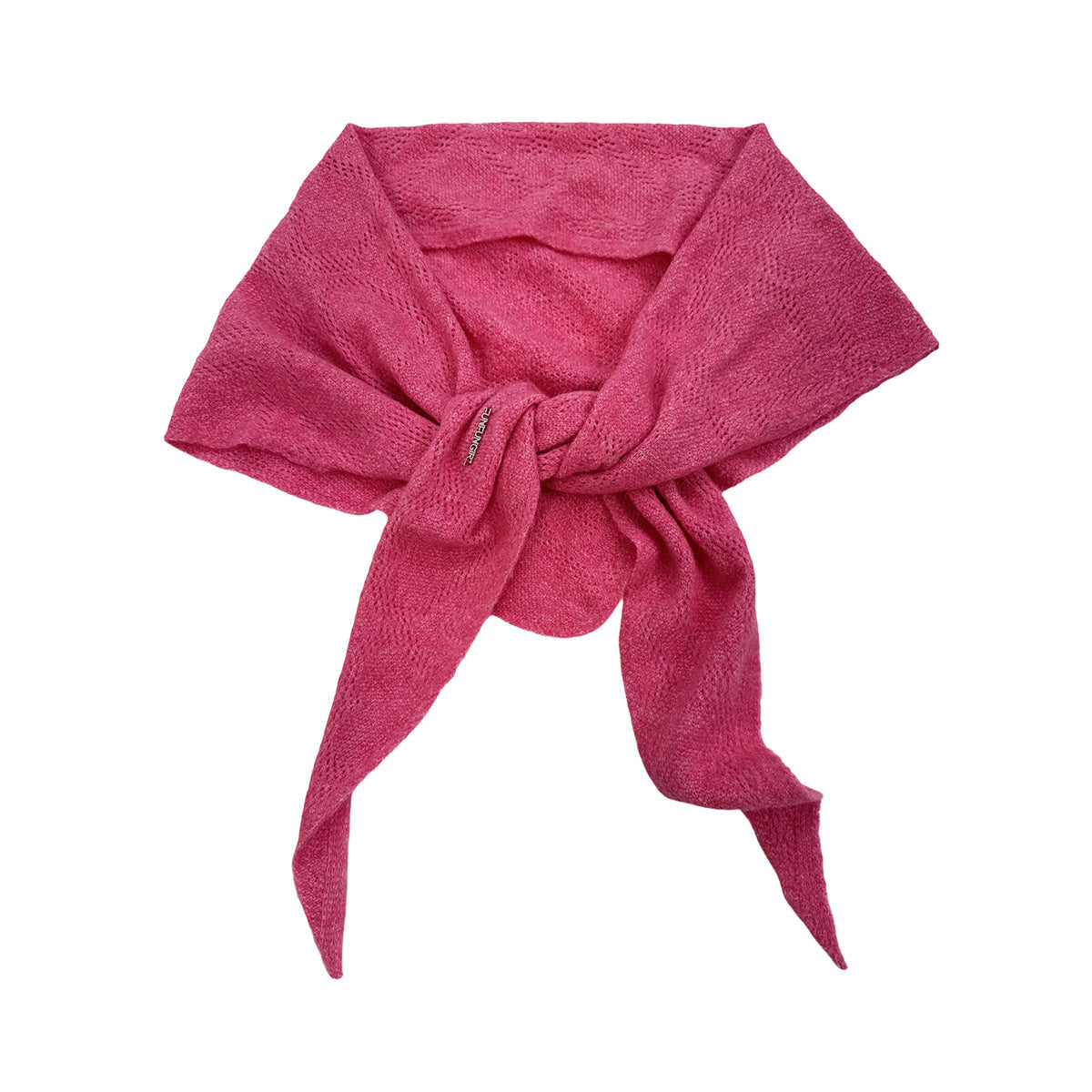 Pink triangle knit scarf shawl with center knot and pointed hanging ends