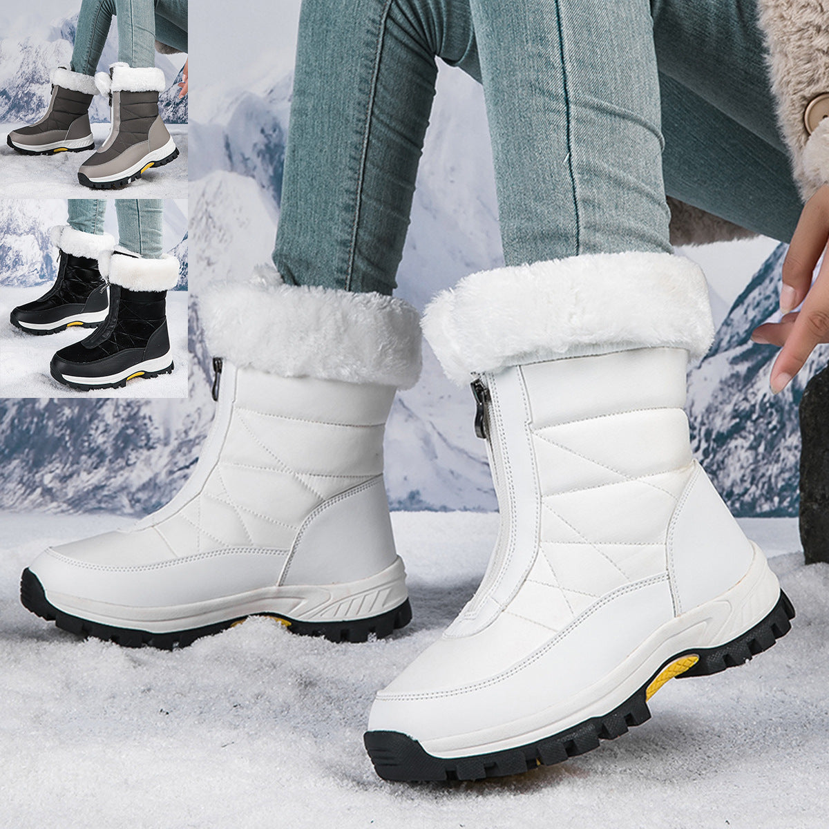 Women's mid-calf snow boots in white, faux-fur cuffs, lace-up zip, grippy sole.