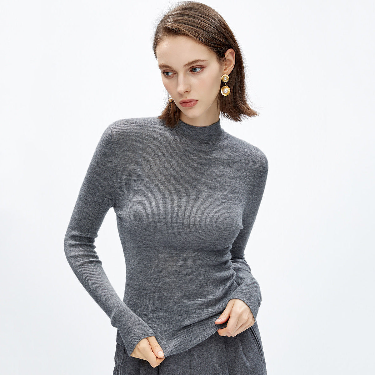 Merino wool turtleneck knit sweater, light gray, long sleeves with ribbed cuffs, semi-high collar