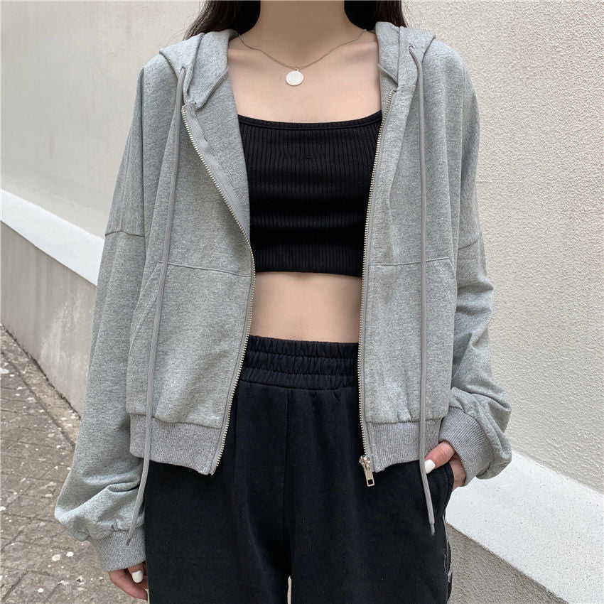 Cropped Zip Up Hoodie for Women — Two Way Zipper and Twin Pockets in Cotton Jersey