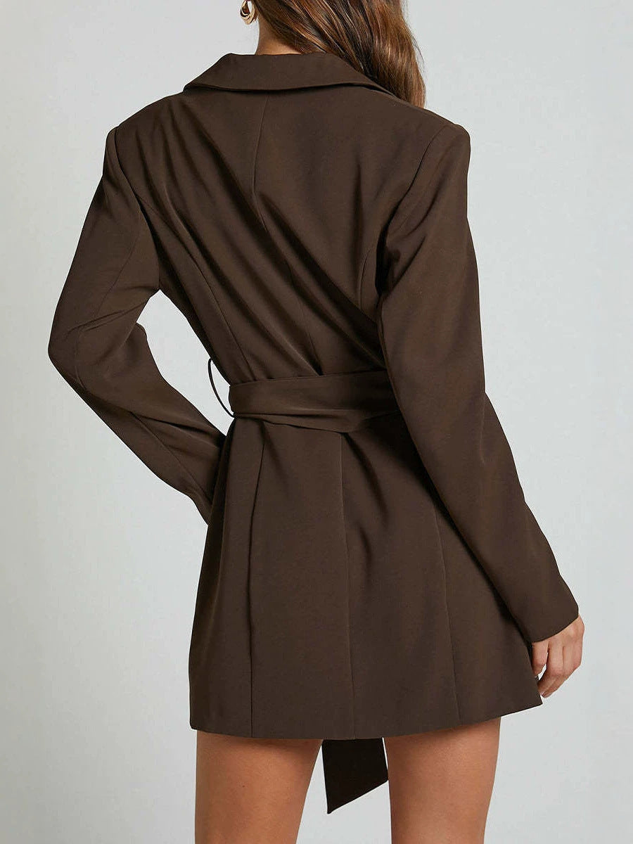 Women's brown belted blazer dress back view, long sleeves, waist tie belt