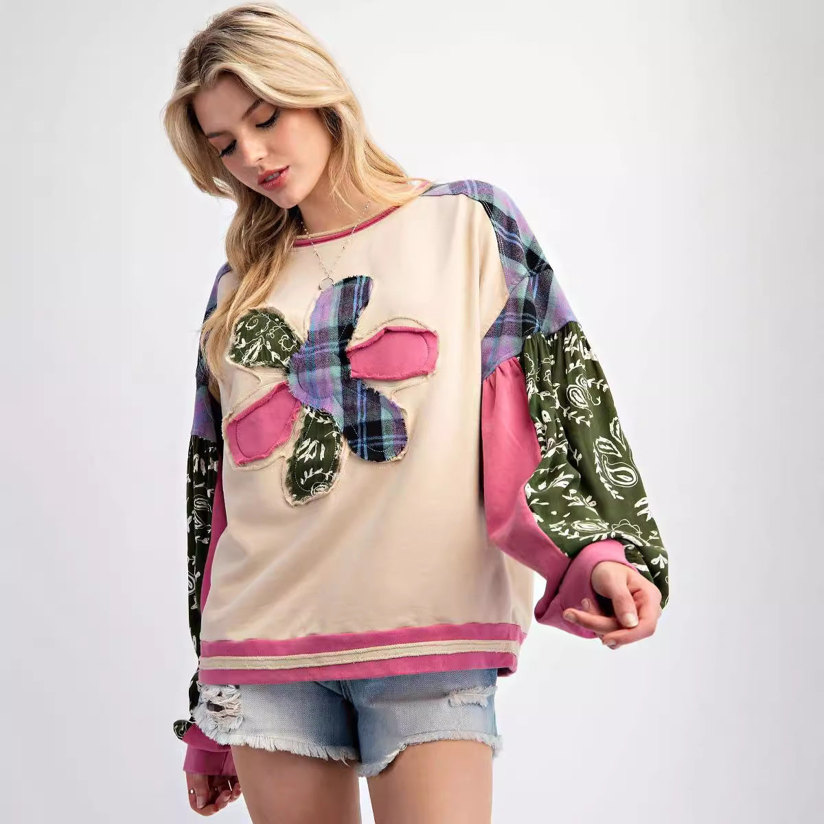 Patchwork Sweatshirt for Women — Oversized Floral Applique Pullover in Soft Cotton