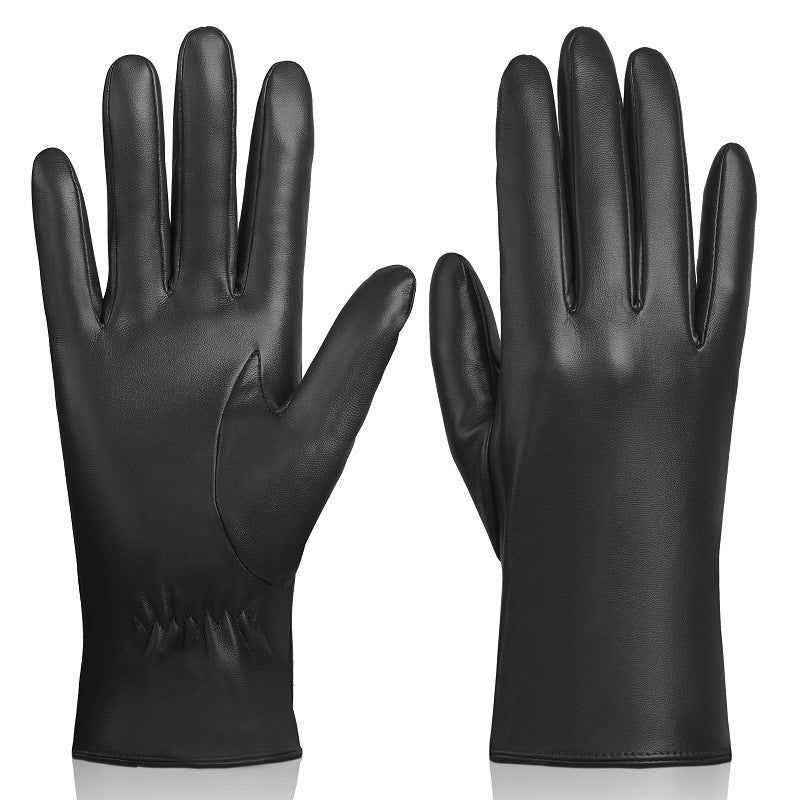 Black PU leather gloves with stitched finger seams and curved palm panel.