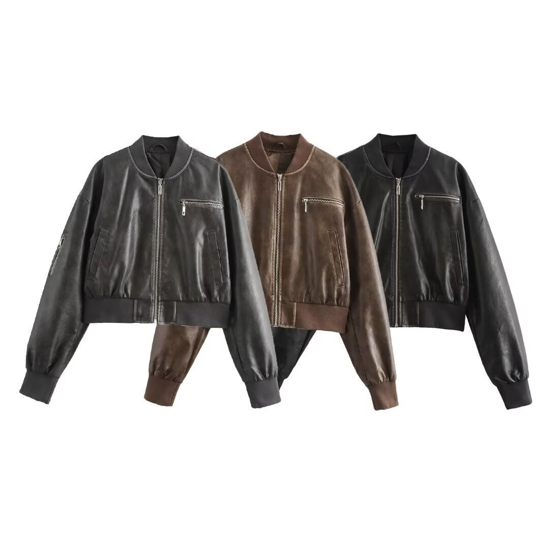 Women’s cropped zip-front faux leather jacket in black, brown, and dark brown (3-pack)