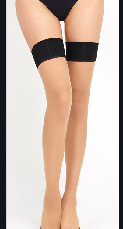 Black sheer over-the-knee stockings with wide band top and smooth leg front