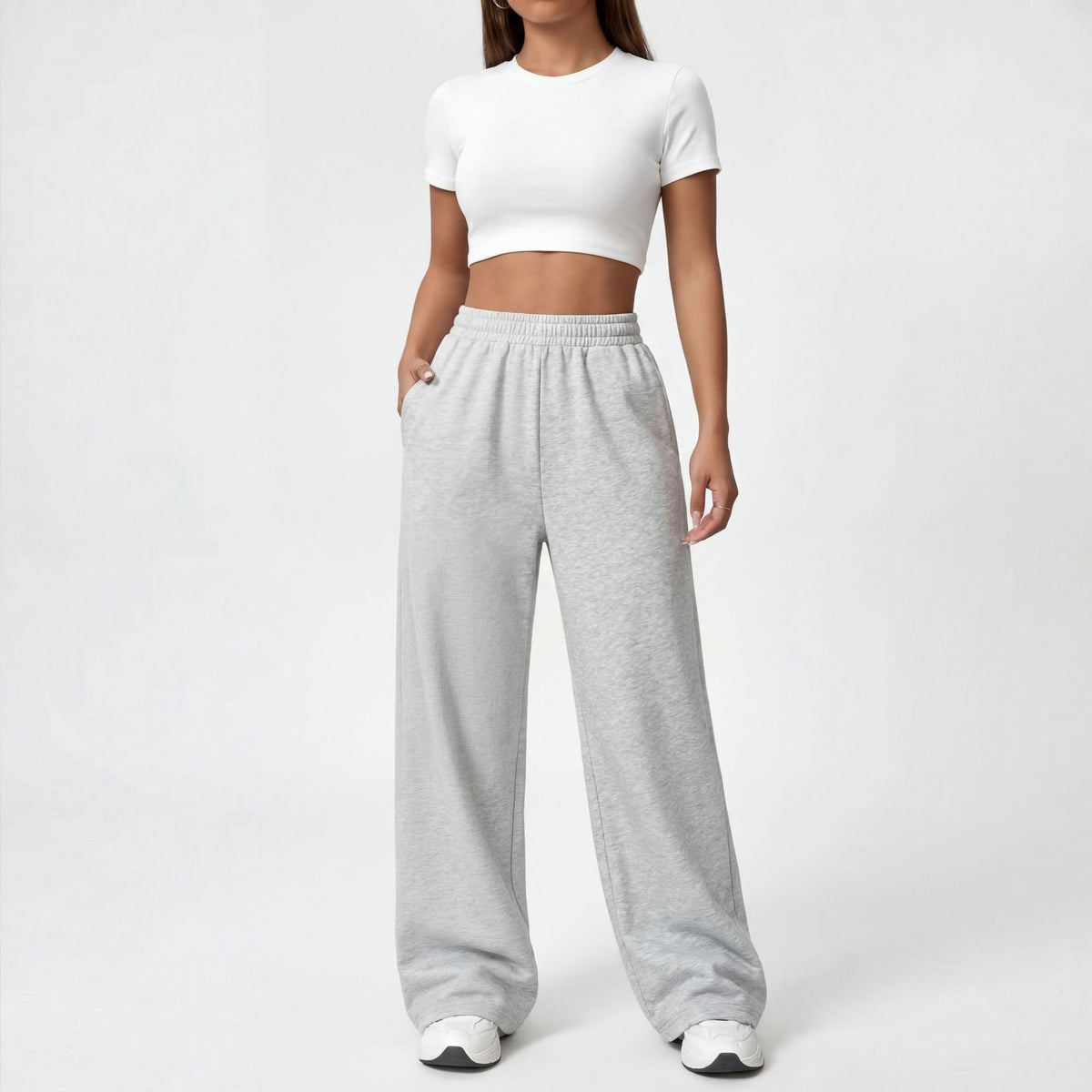 Women’s heather gray wide-leg pants with elastic waistband and relaxed straight legs