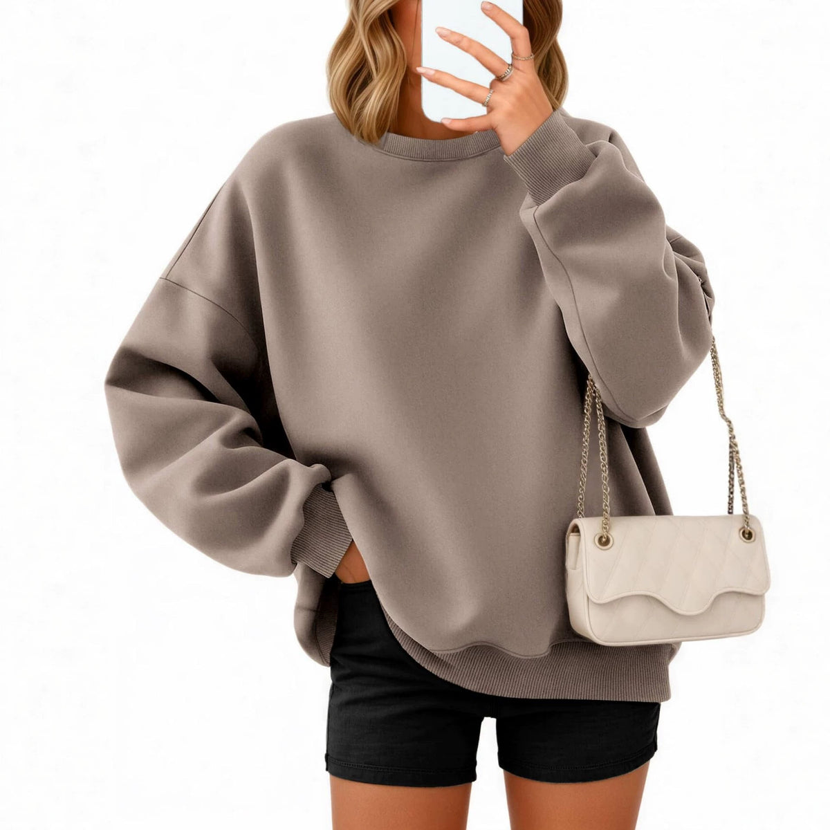 Oversized Crewneck Sweatshirt for Women — Drop Shoulder with Side Slits in Fleece