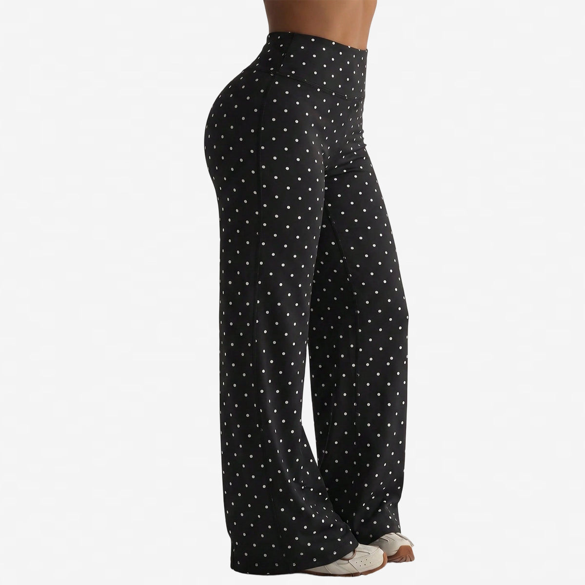 Black wide-leg yoga pants with white polka dots
