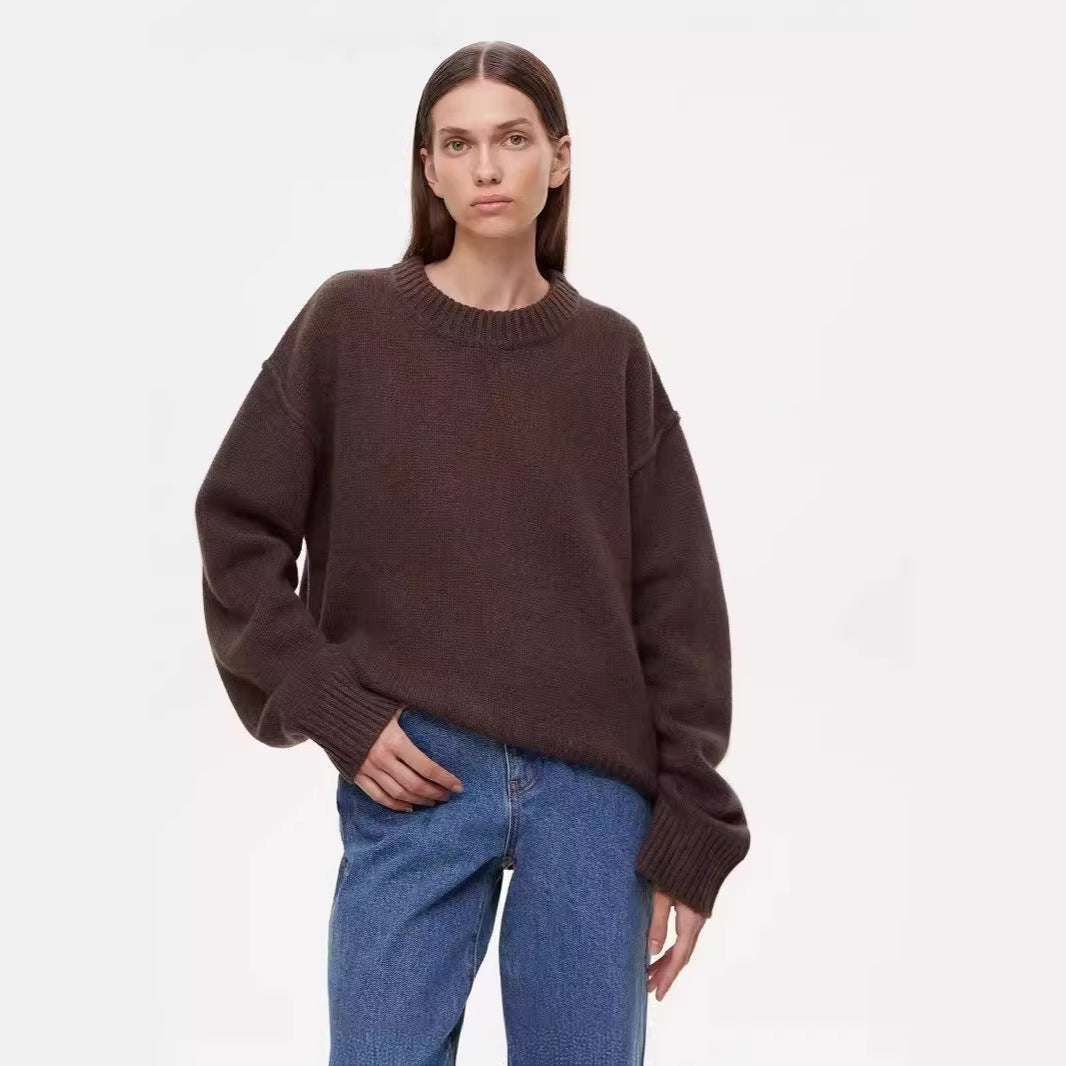 Women's dark brown round-neck knit pullover sweater with ribbed cuffs