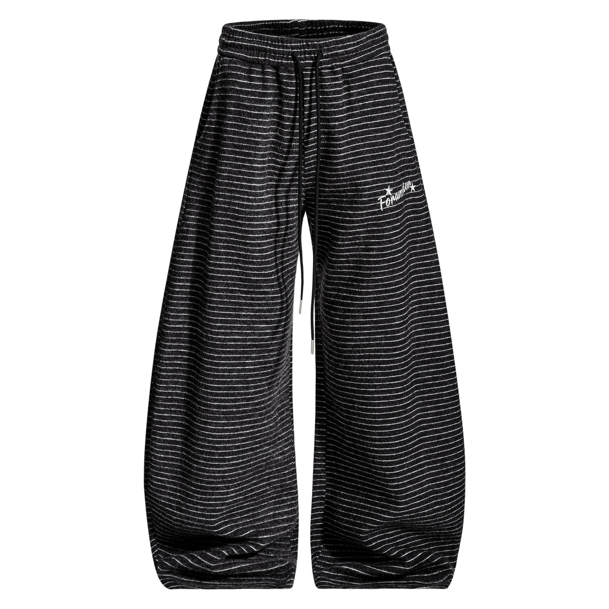 Black striped wide-leg sweatpants with drawstring waistband and relaxed fit