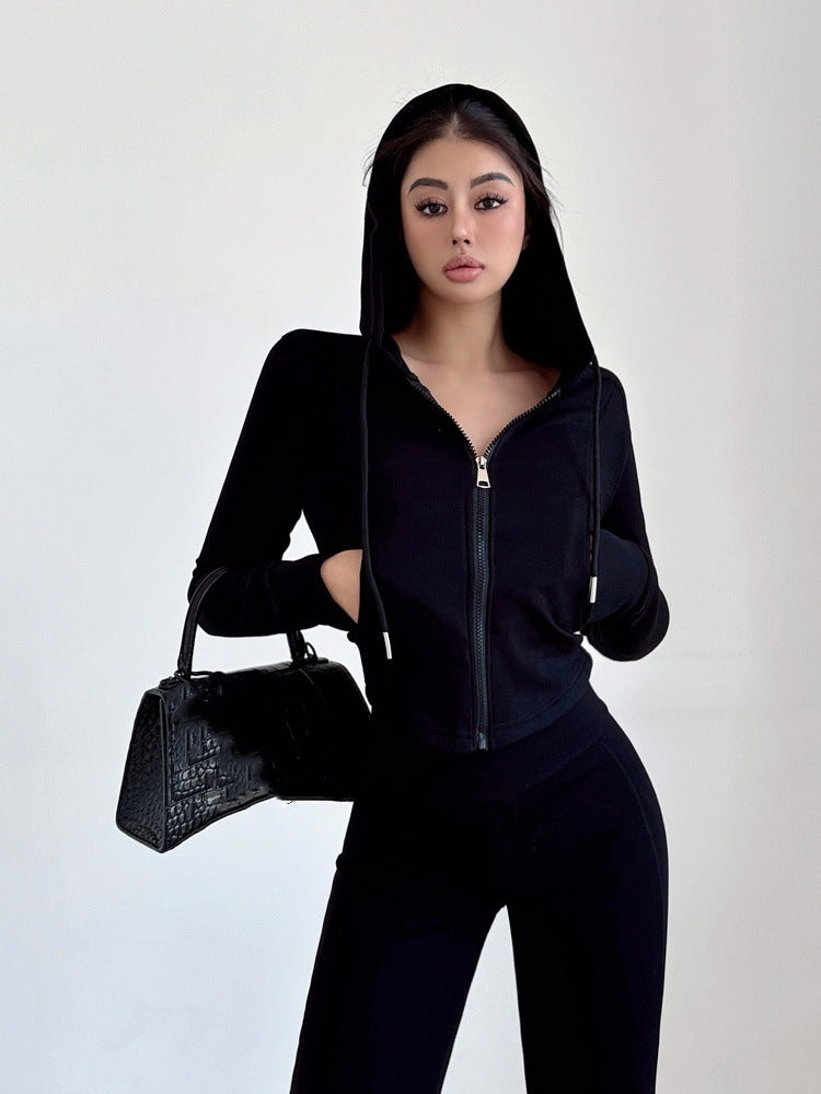 Black zip-up hooded sweatshirt jacket with drawstring and front pockets