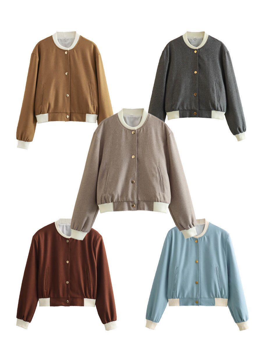 Women’s bomber jacket set: dark gray, light gray, brown, burgundy, and light blue