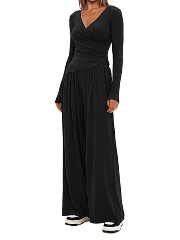 Women’s relaxed wide-leg pants with elastic waistband, black drape