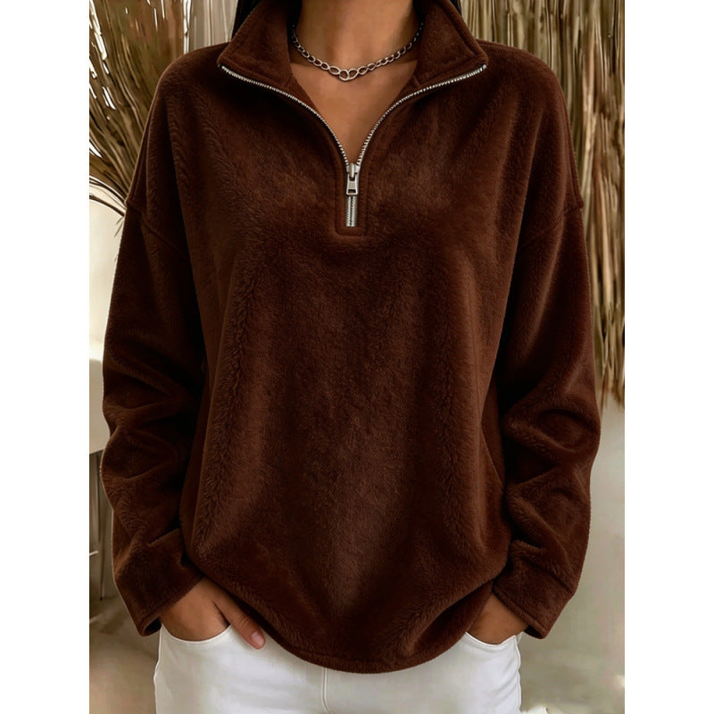 Women's brown fleece quarter-zip pullover with stand collar and long sleeves