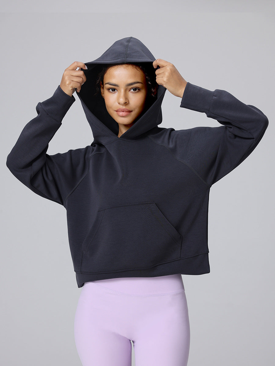 Navy hooded pullover sweatshirt with kangaroo pocket and long sleeves