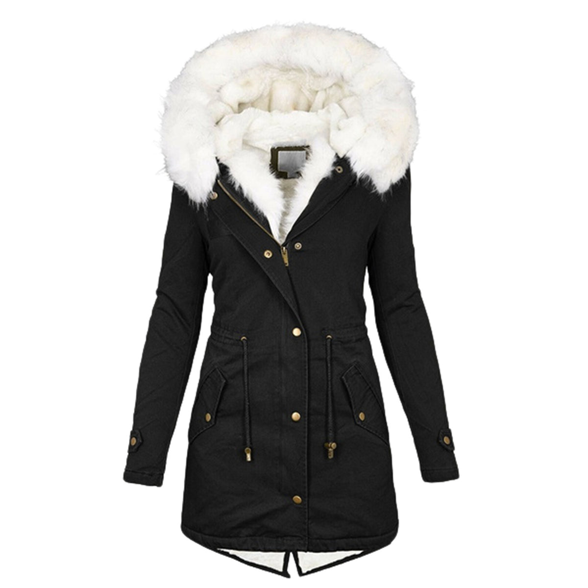 Mid-length hooded parka coat with white faux fur trim, black, front button placket