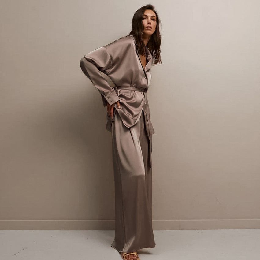 Loose satin-look long pajama pants with waist tie, taupe-brown