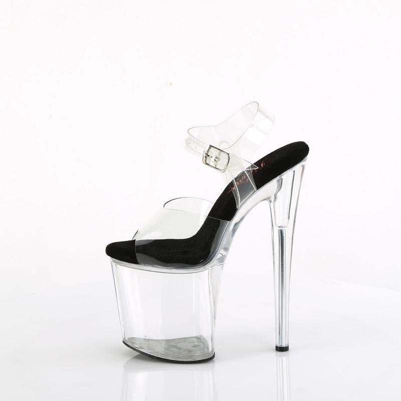 Clear platform high-heel sandal, black open toe and heel, square ankle buckle