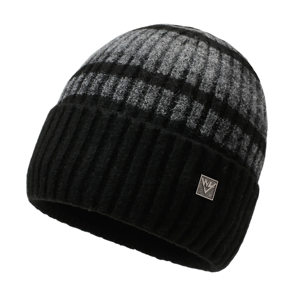 Dark gray ribbed knit beanie with black plaid stripe pattern and small logo patch