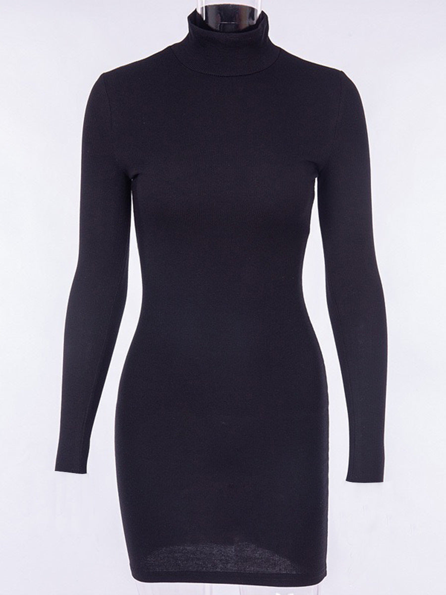 Women's rib-knit slim-fit dress, black, half-high neck, long sleeves (front view)