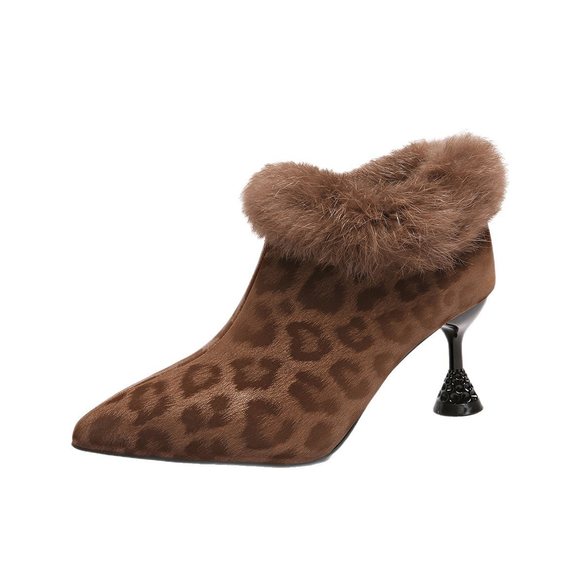 Leopard-print fur-trim ankle boot, pointed toe, brown high heel
