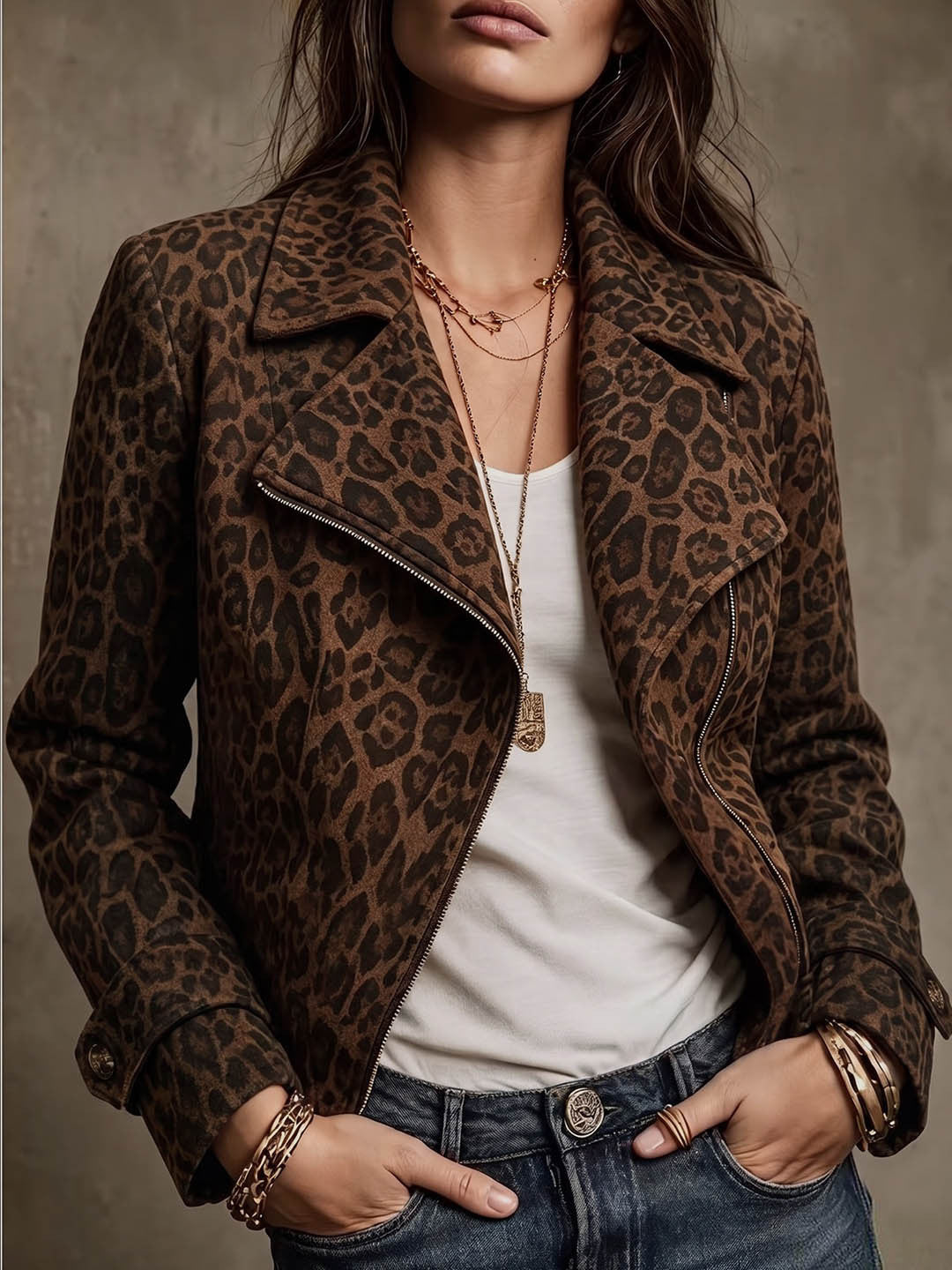 Brown leopard faux-suede motorcycle jacket with asymmetrical zip and turn-down collar