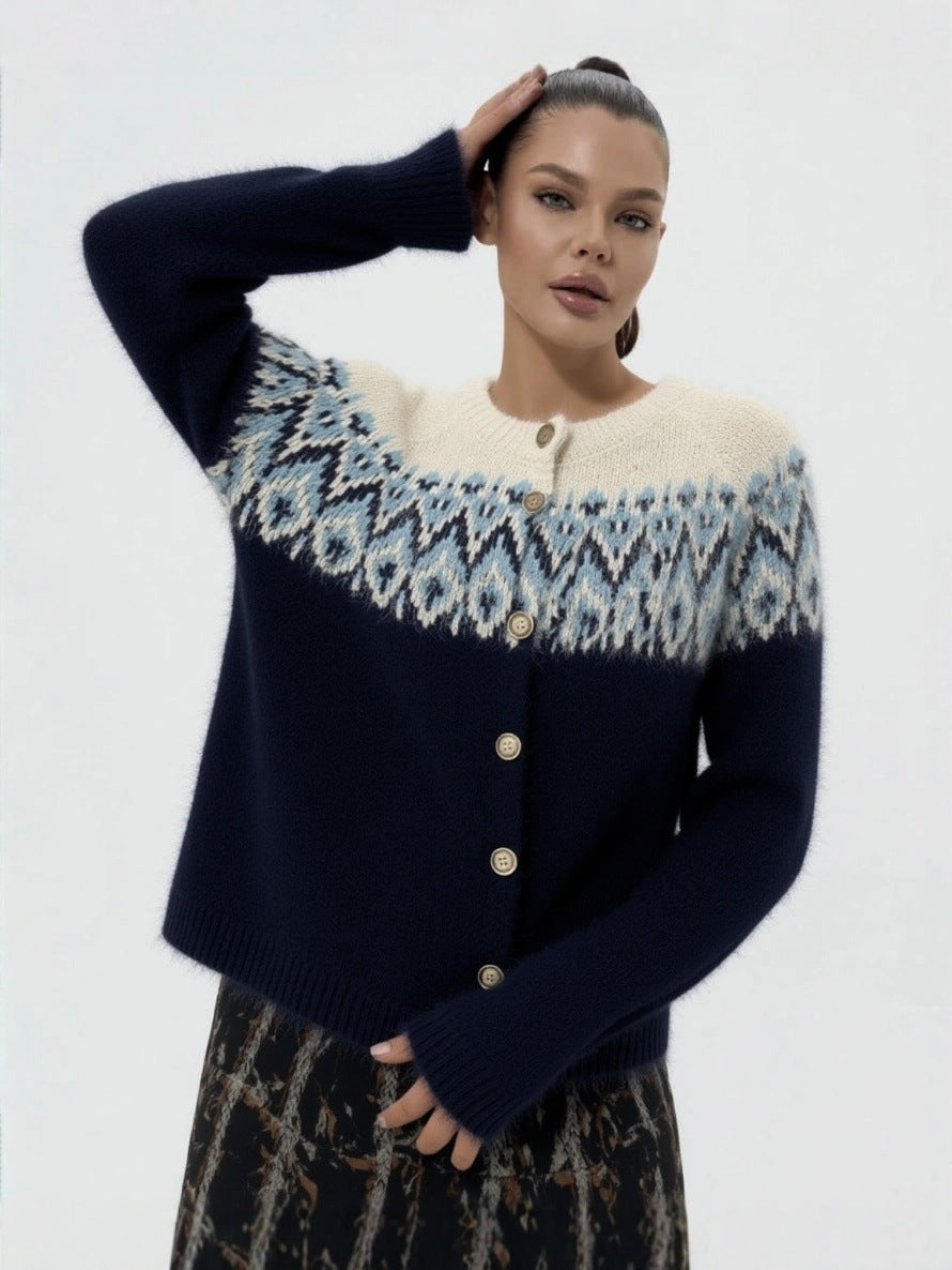 Navy Fair Isle yoke cardigan sweater with long sleeves and button front