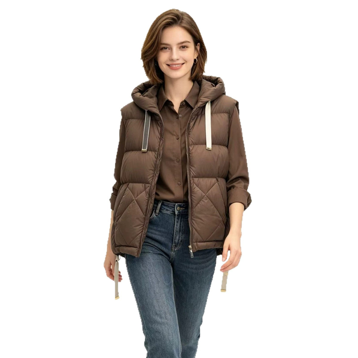 Women's hooded puffer vest in brown with drawstring hood and front zipper
