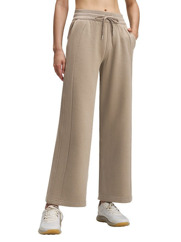 Fleece-lined wide-leg pants in taupe, mid-waist drawstring with straight wide legs