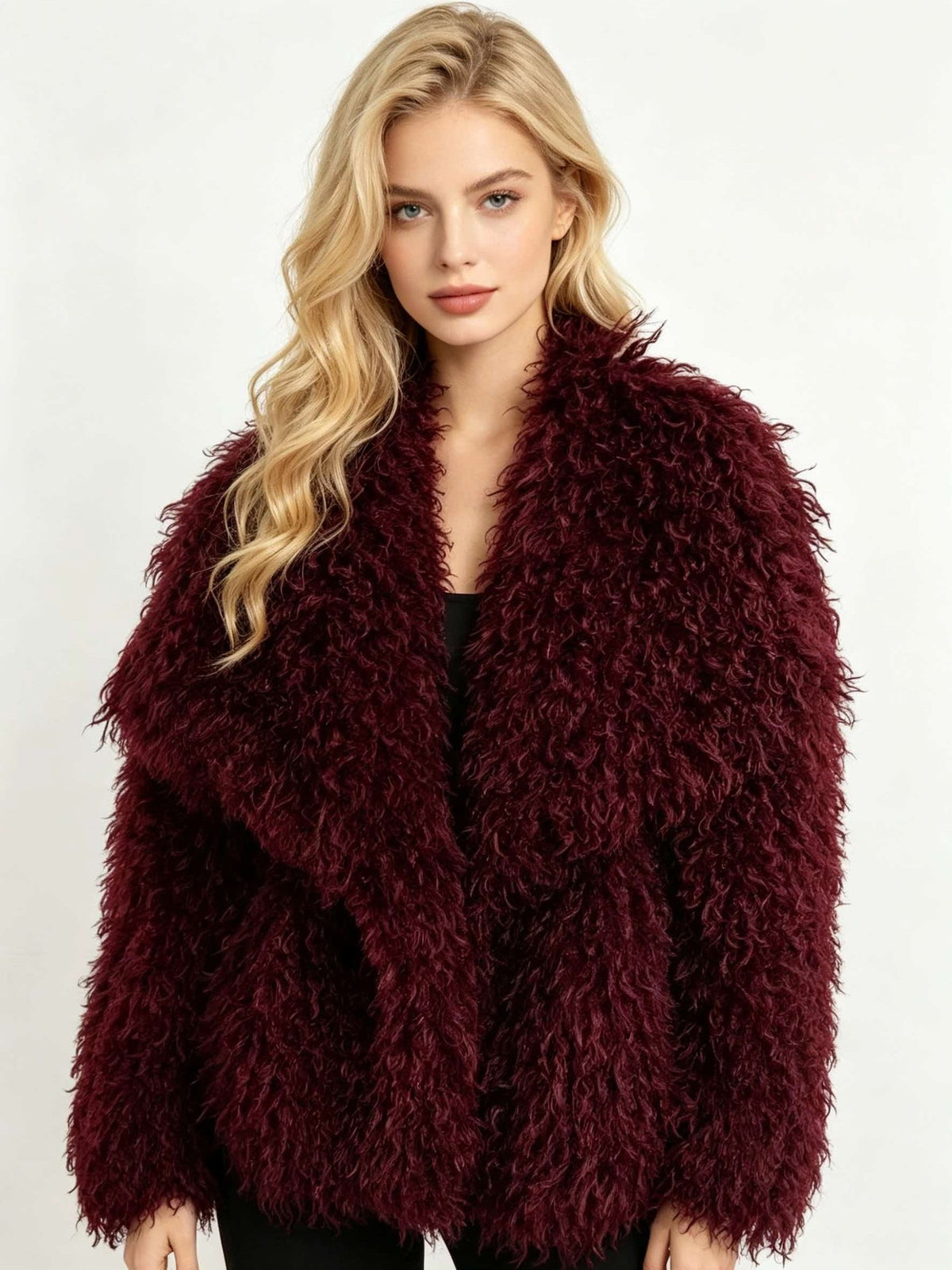 Women's shaggy faux fur coat, open front wide lapels, oversized sleeves (wine red)