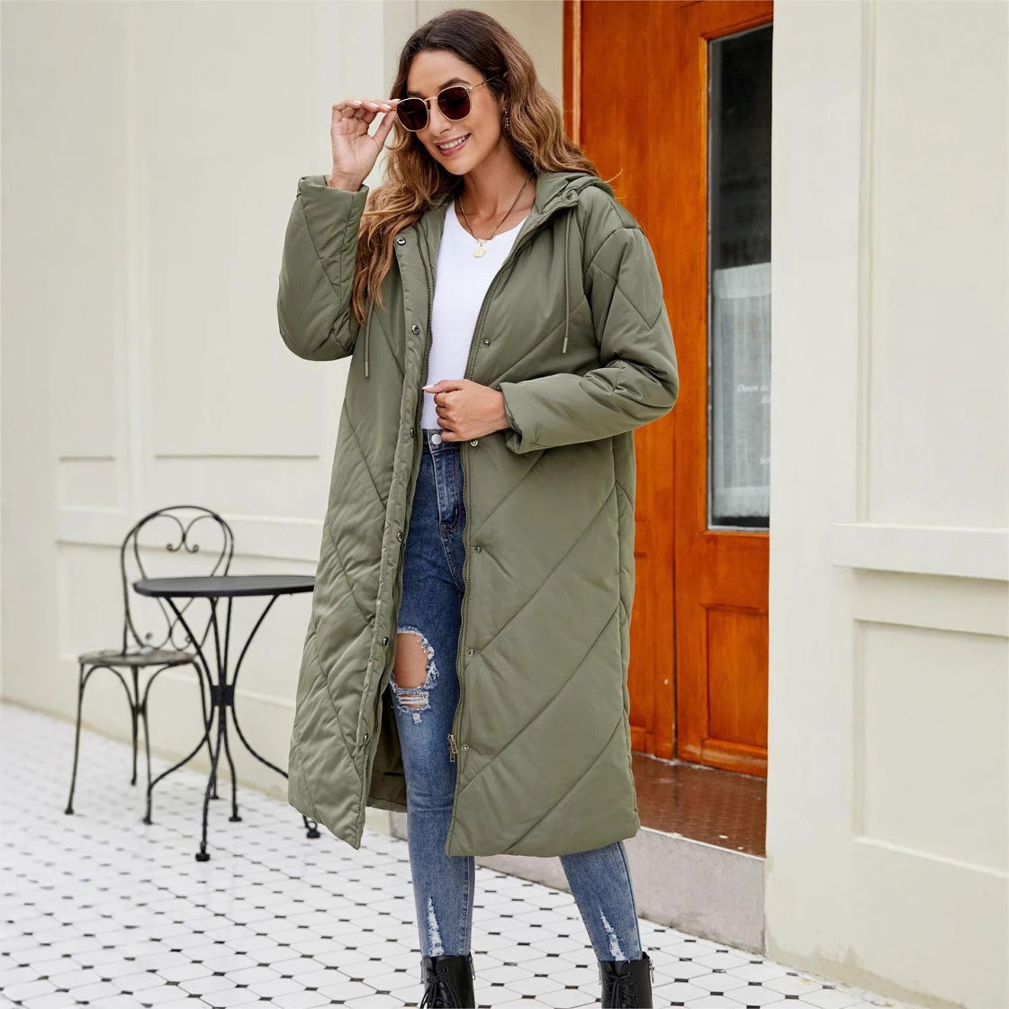 Women's long cotton-padded coat, military green, zip-front and hood, loose fit.