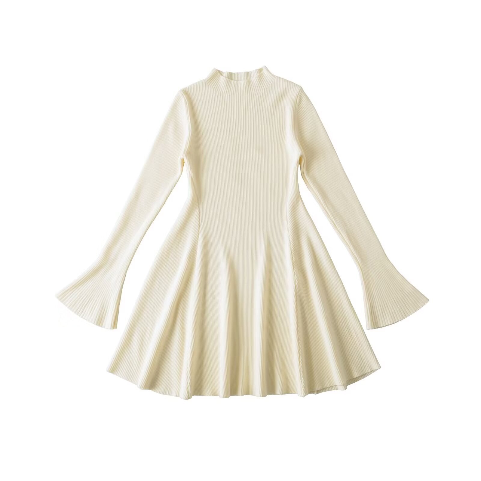 Off-white knit mini dress with mock neck and bell sleeves, flared skater skirt