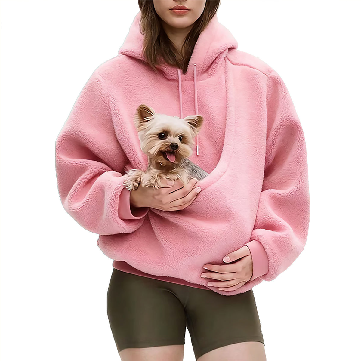 Pink hooded plush sweatshirt with front pouch pocket and dog