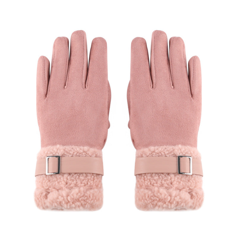 Light pink suede winter gloves with fleece lining and square buckle cuff strap