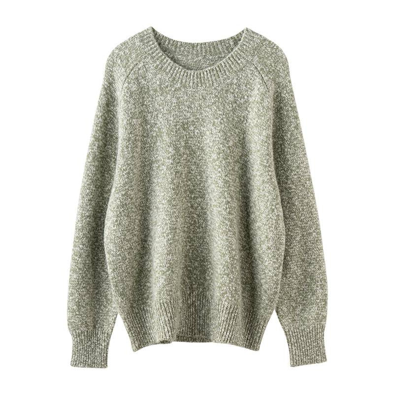 Women’s heather green knit pullover, round crew neck, long sleeves, relaxed fit