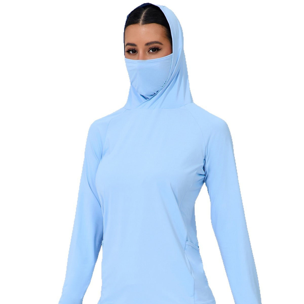 Light blue women’s UPF sun jacket with hooded face cover, long sleeves