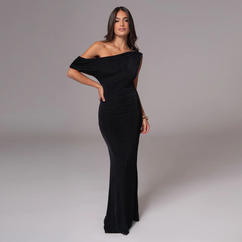 One Shoulder Maxi Dress for Wedding Guests — Draped Asymmetric Column in Jersey