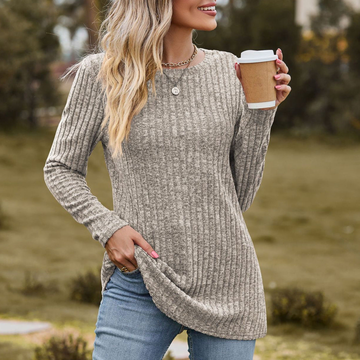 Heathered Ribbed Knit Top — Relaxed Long Sleeve Crewneck Style in Modal