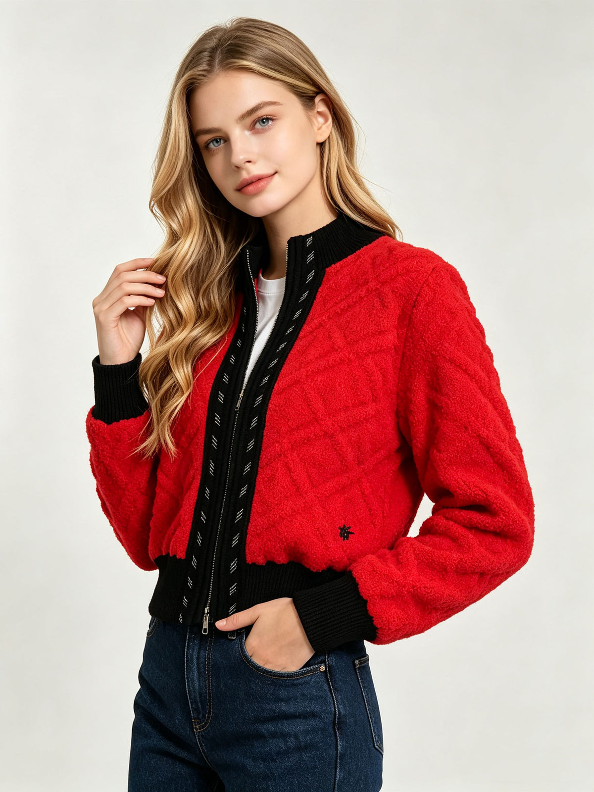 Red cable-knit cardigan with black trim, zip front, and small star detail on chest.