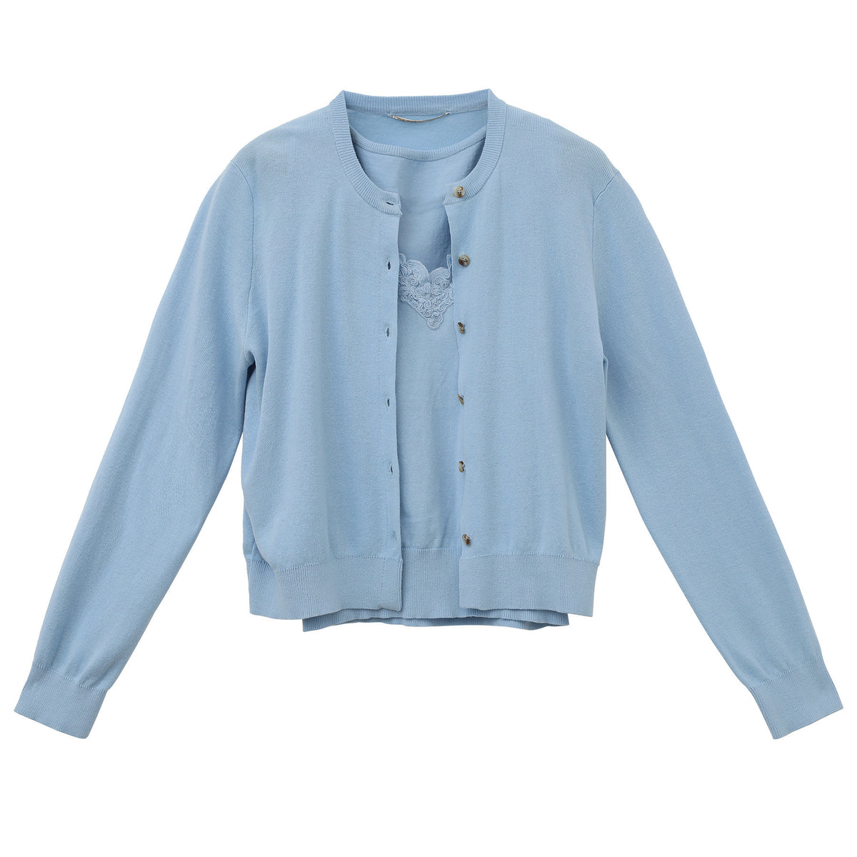 Light blue knitted vest-coat with V-neck, button front, and open front layer