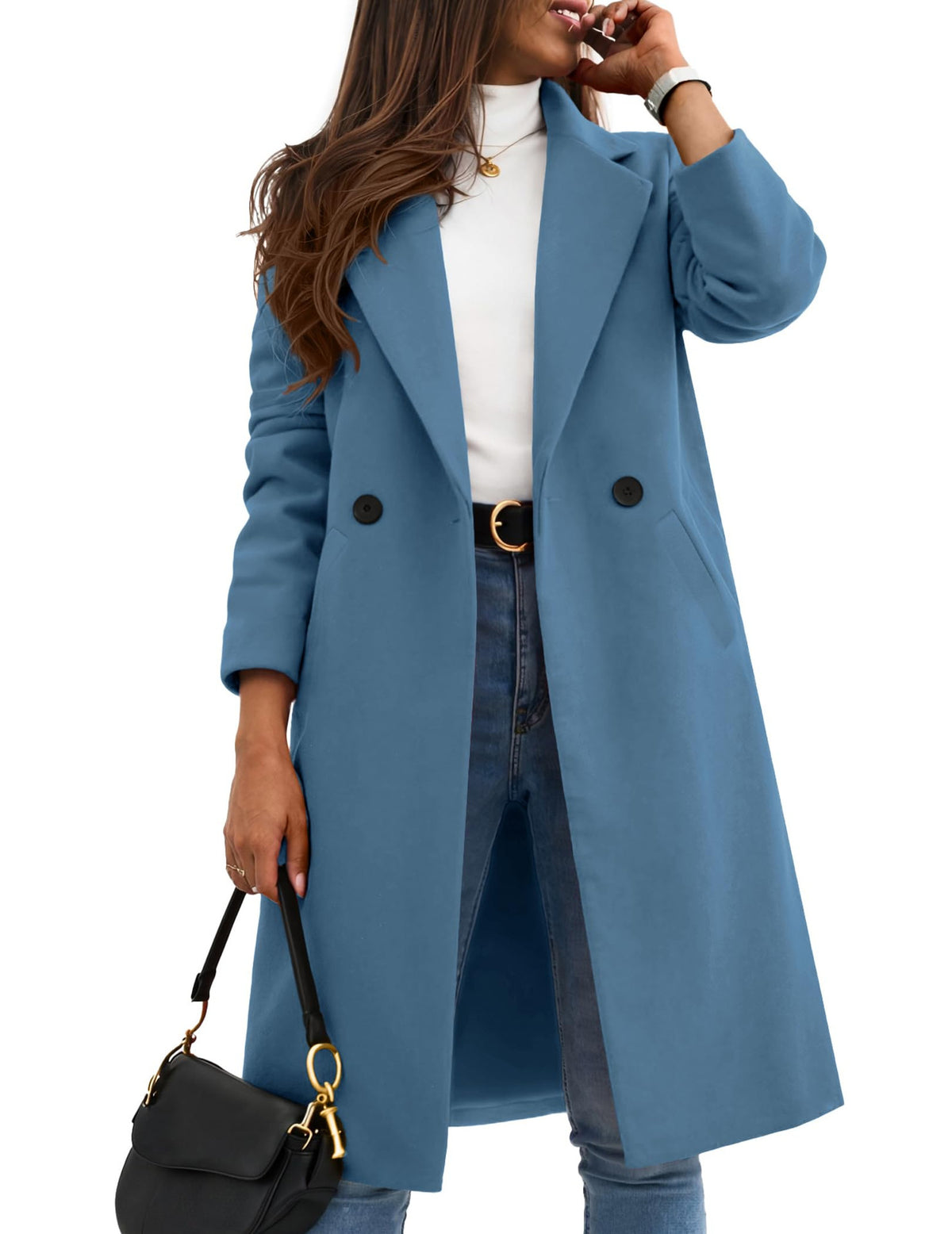 Long blue double-breasted coat with notched lapels and two rows of buttons.