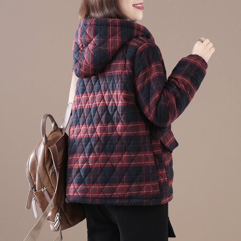 Women’s plaid puffer jacket with attached hood, burgundy and navy plaid, side pockets