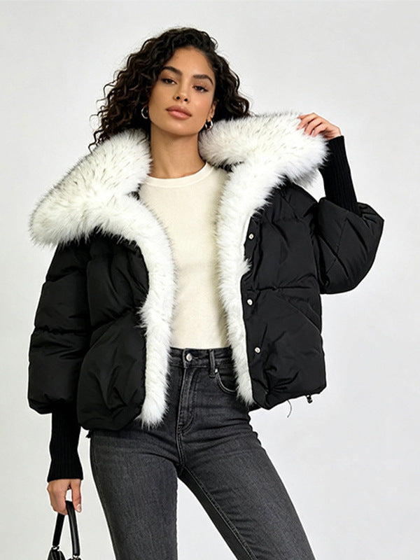 Women's short cotton jacket, black with white faux fur collar, snap-button front